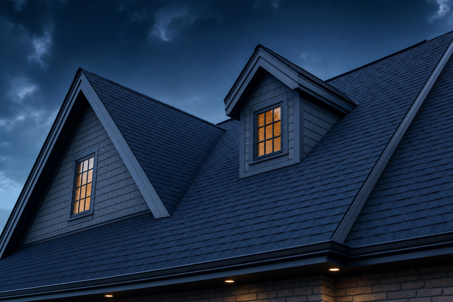 A newly installed dark shingle roofline against a twilight sky